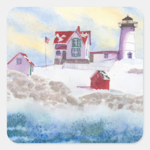 Winter at Nubble LIghthouse in Maine Square Sticke Sticker