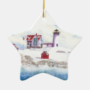winter at Nubble LIghthouse  Maine Star Ornament