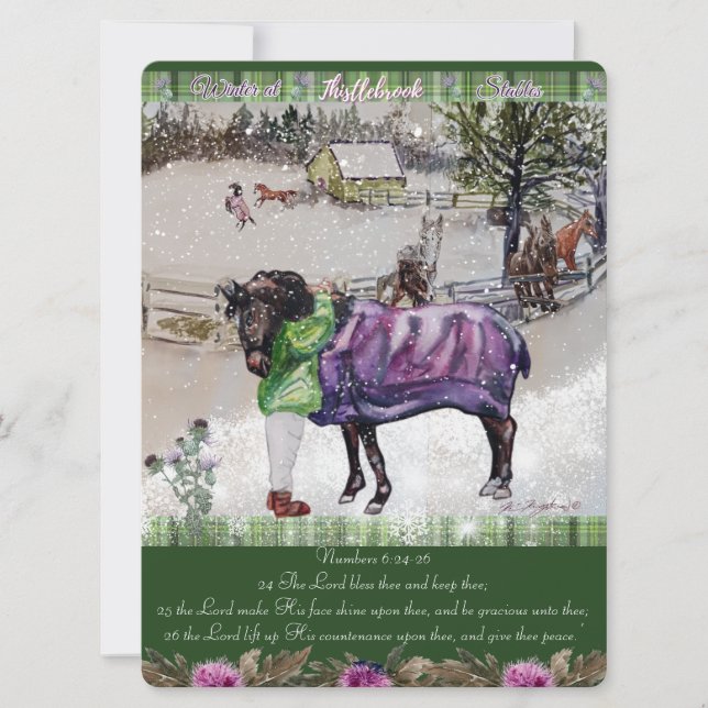 Winter at Thistlebrook Stables scripture  Holiday Card (Front)