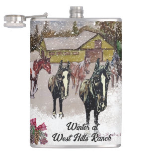 Winter at West Hills Farm 2 black horses Hip Flask