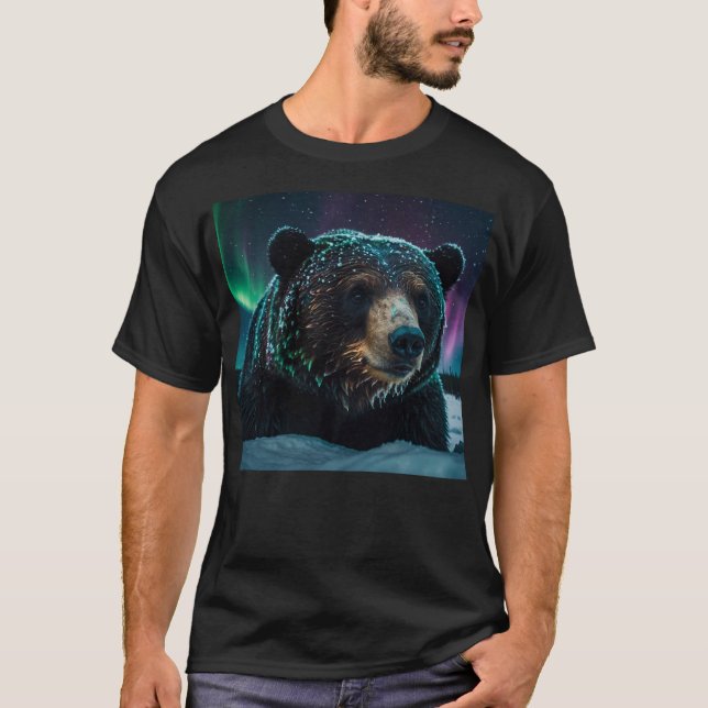 Winter Aurora & Black Bear Wildlife Design T-Shirt (Front)