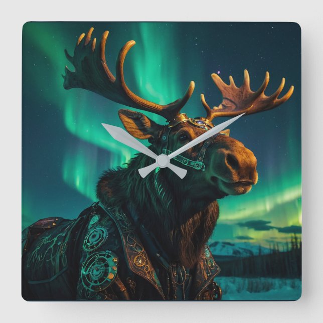 Winter Aurora & Steampunk Moose Wildlife Art Square Wall Clock (Front)