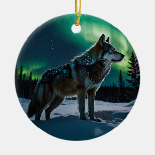 Winter Aurora & Timber Wolf Wildlife Design Ceramic Tree Decoration