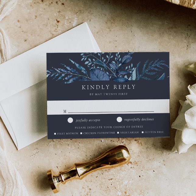 Winter Azure Blue Botanical Meal Choice Wedding RSVP Card (Creator Uploaded)