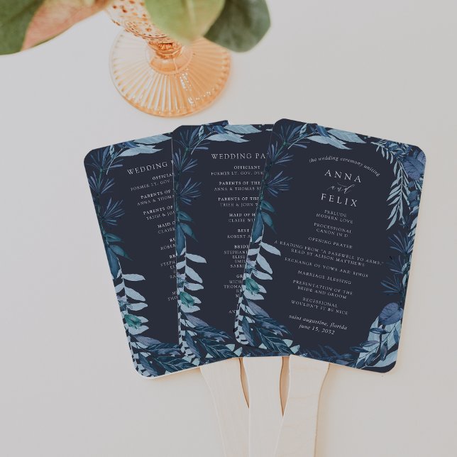 Winter Azure Blue Botanical Wedding Program Hand Fan (Creator Uploaded)