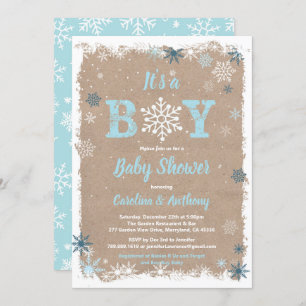Winter baby boy shower snowflake rustic its a boy invitation