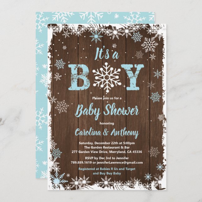 Winter baby boy shower snowflake rustic wood invitation (Front/Back)