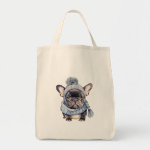 Winter Baby Bulldog  in Blue Cap and Scarf Tote Bag