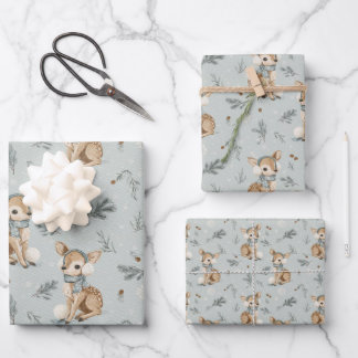 Winter Baby Deer with Earmuffs Snowflakes and Pine Wrapping Paper Sheet