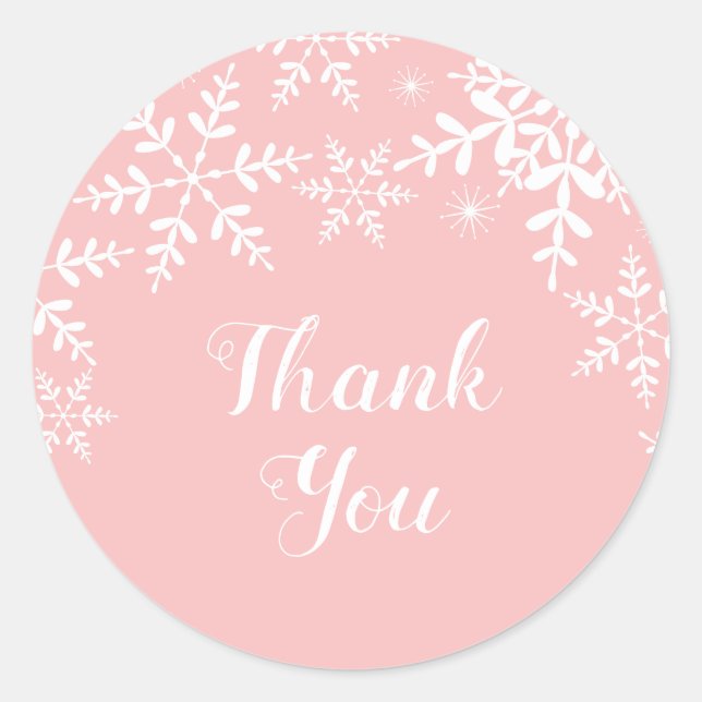 Winter Baby Girl Shower Pink Snowflakes Classic Round Sticker (Front)