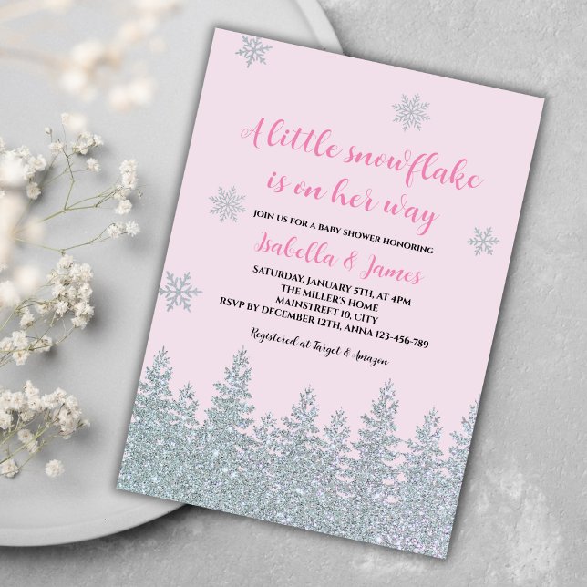 Winter Baby Girl Shower Woodland Little Snowflake Invitation (winter baby girl shower invitation pink woodland silver glitter little snowflake on the way)