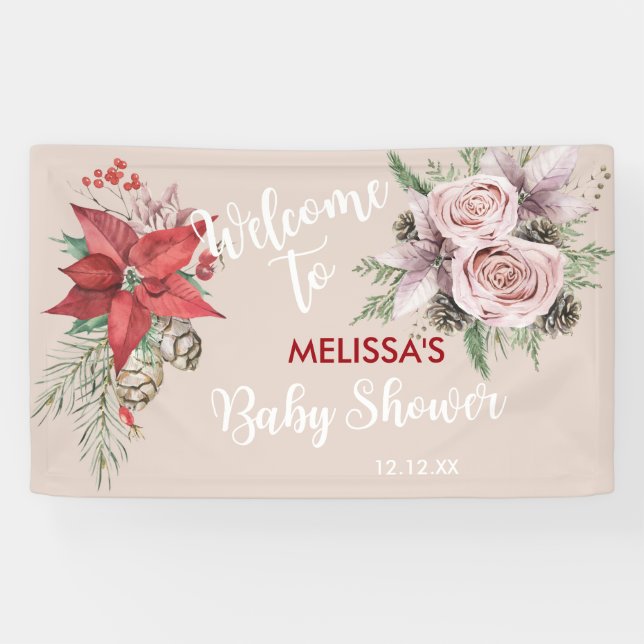 Winter baby in bloom poinsettia pinecones welcome banner (Horizontal)