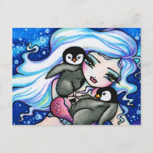 Winter Baby Penguins Mermaid Fantasy Art Postcard
