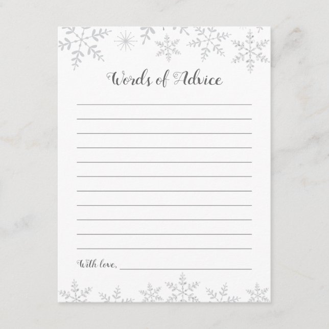 Winter Baby Shower Advice Card Silver Snowflakes (Front)