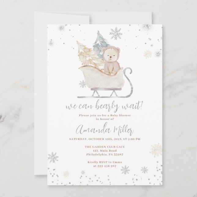 Winter Baby Shower Bear and Snow neutral invite (Front)