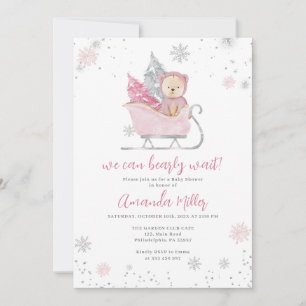 Winter Baby Shower Bear and Snow pink invite