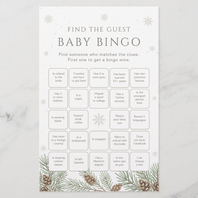 Winter Baby Shower Bingo Game Find the Guest Game (Front)