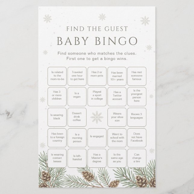 Winter Baby Shower Bingo Game Find the Guest Game (Front)
