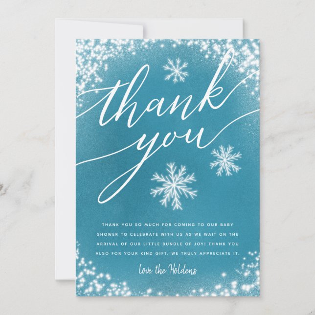Winter Baby Shower Blue Snow Thank You Card (Front)
