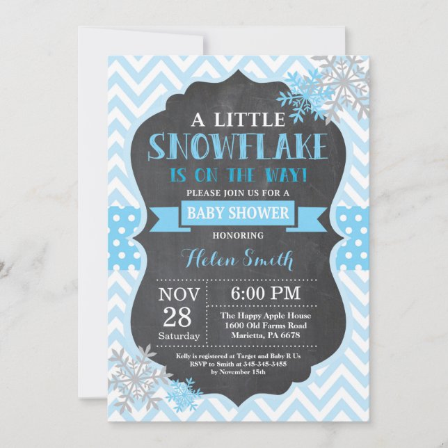 Winter Baby Shower Blue Snowflake Chalkboard Invitation (Front)