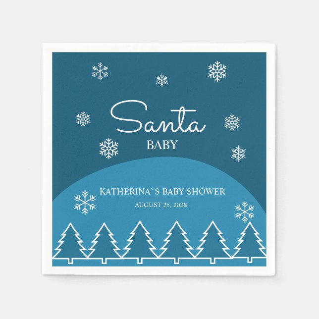 Winter Baby Shower Blue White Snowflakes Trees Napkin (Front)