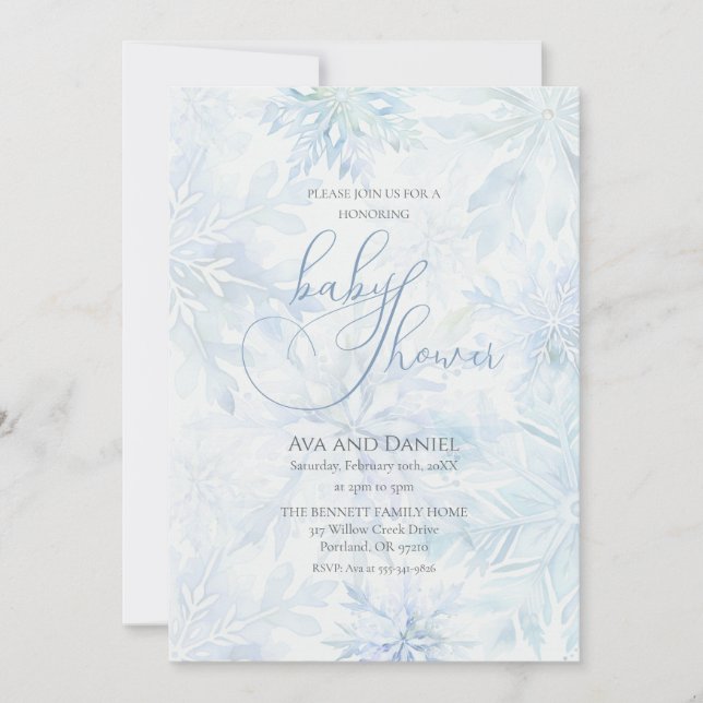 Winter Baby Shower Boy Blue Snowflake Invitation (Front)