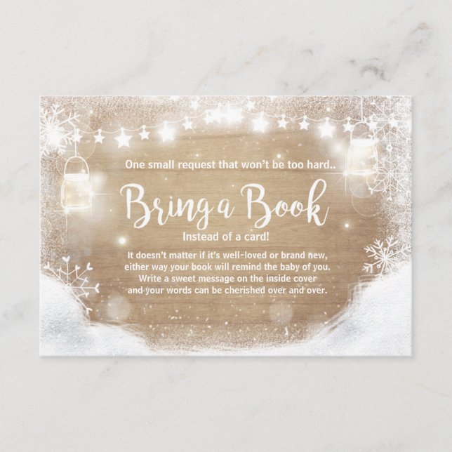 Winter Baby Shower Bring a book Snow Rustic wood Enclosure Card (Front)