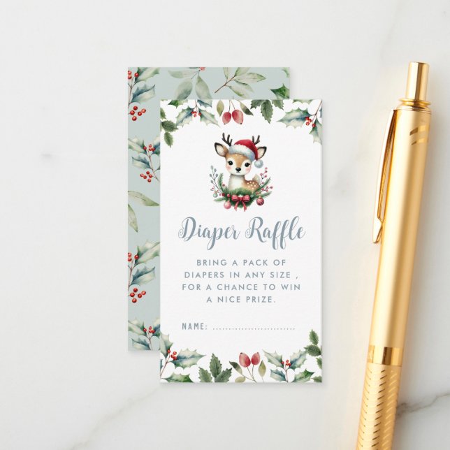 Winter Baby Shower Diaper Raffle Little Deer Cute Enclosure Card (Front/Back In Situ)