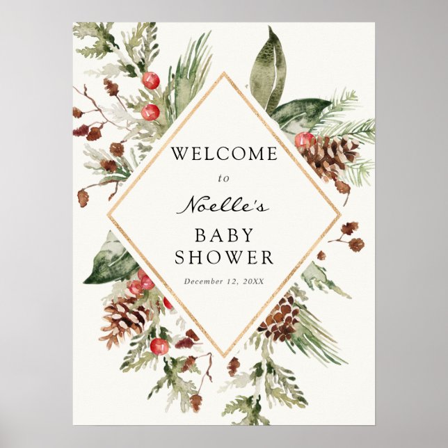 Winter Baby Shower Evergreen Poinsettia Welcome Po Poster (Front)