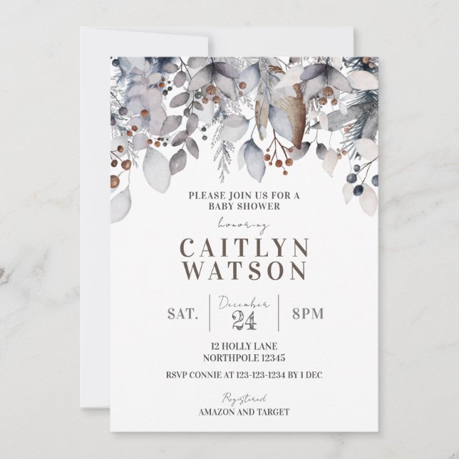 Winter Baby Shower, Foliage, Berries Invitation (Front)
