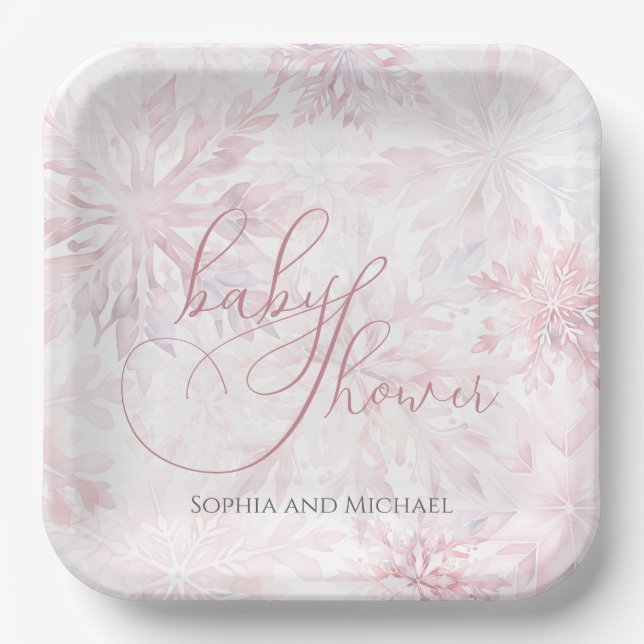 Winter Baby Shower Girl Pink Snowflake Paper Plate (Front)