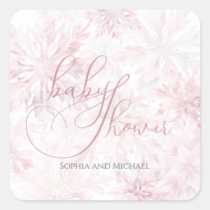Winter Baby Shower Girl Pink Snowflake Square Sticker