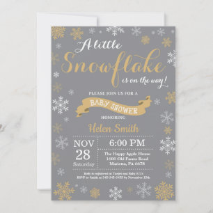 Winter Baby Shower Gold White and Grey Snowflake Invitation