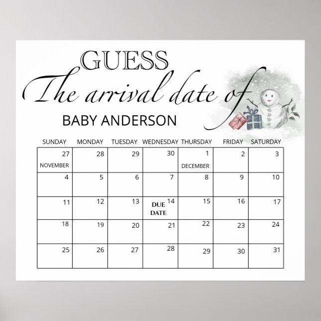 Winter Baby Shower Guess Due Date Calendar Poster (Front)