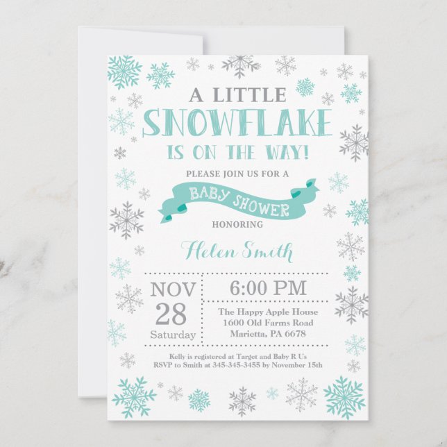 Winter Baby Shower Invitation Aqua Snowflake (Front)