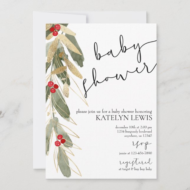 Winter Baby Shower Invitation Gold Holly (Front)