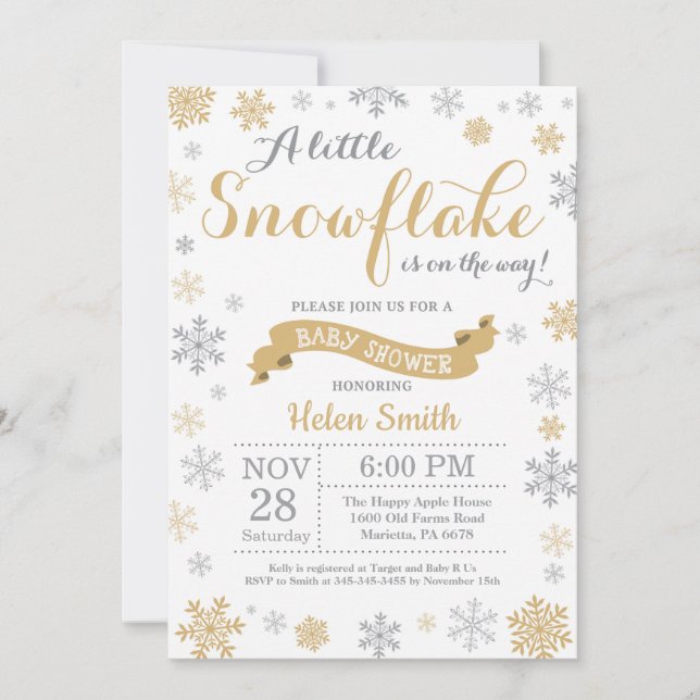 Winter Baby Shower Invitation Gold Snowflake (Front)