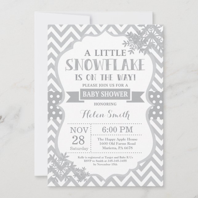 Winter Baby Shower Invitation Grey Snowflake (Front)