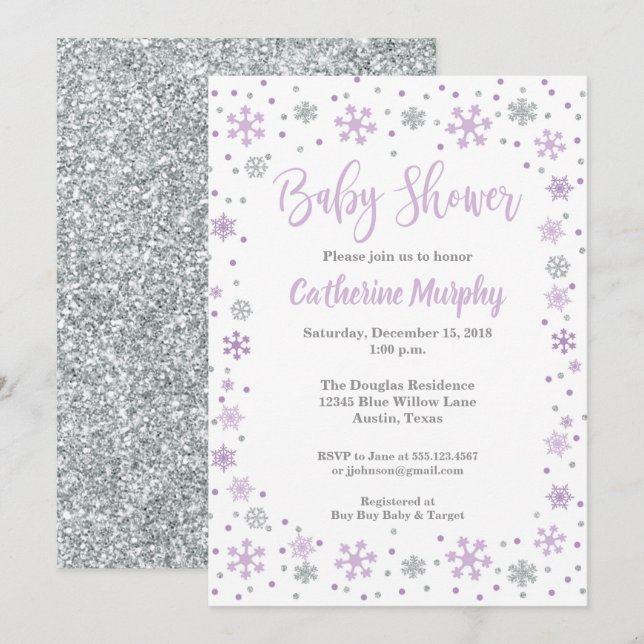 Winter Baby Shower Invitation Lavender Glitter (Front/Back)