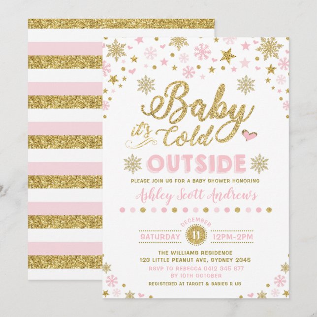 Winter Baby Shower Invitation Pink Gold Snowflake (Front/Back)