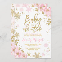 Winter Baby Shower Invitation Pink Gold Snowflake