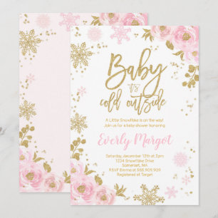 Winter Baby Shower Invitation Pink Gold Snowflake