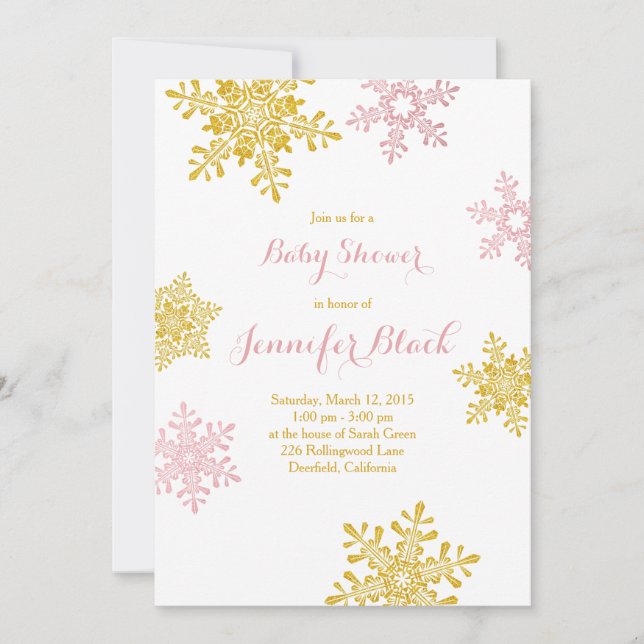 Winter Baby Shower Invitation | Pink Gold White (Front)