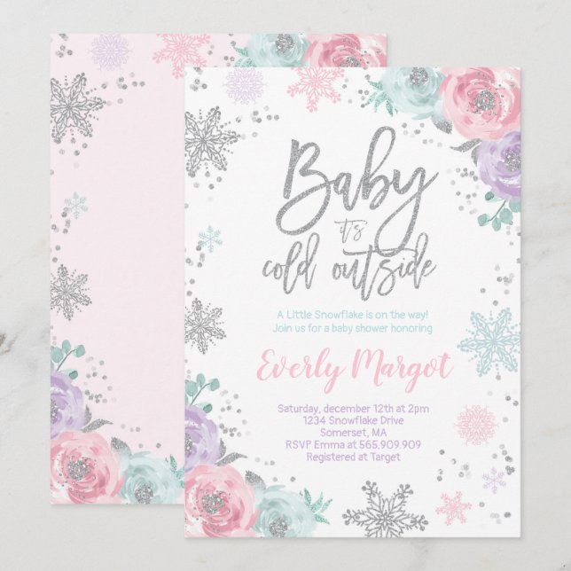 Winter Baby Shower Invitation Pink Silver Glitter (Front/Back)