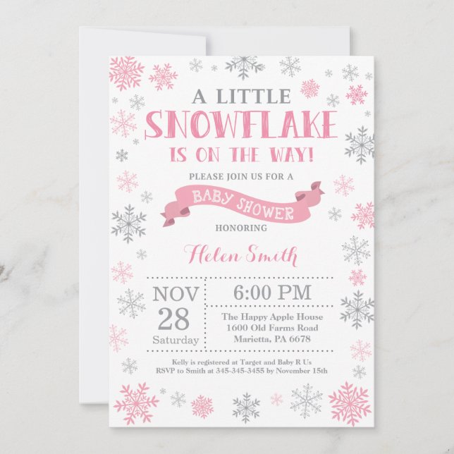 Winter Baby Shower Invitation Pink Snowflake (Front)