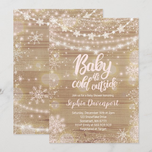 Winter Baby Shower Invitation Pink Snowflake (Front/Back)
