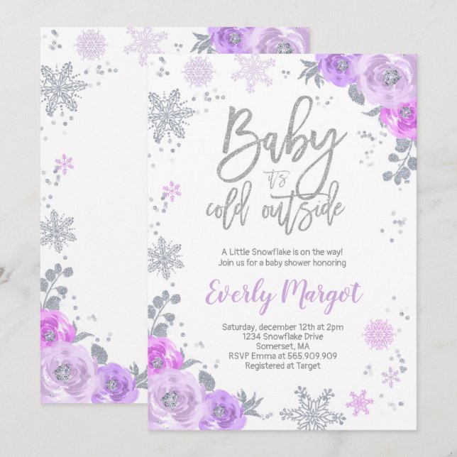 Winter Baby Shower Invitation Purple And Silver (Front/Back)