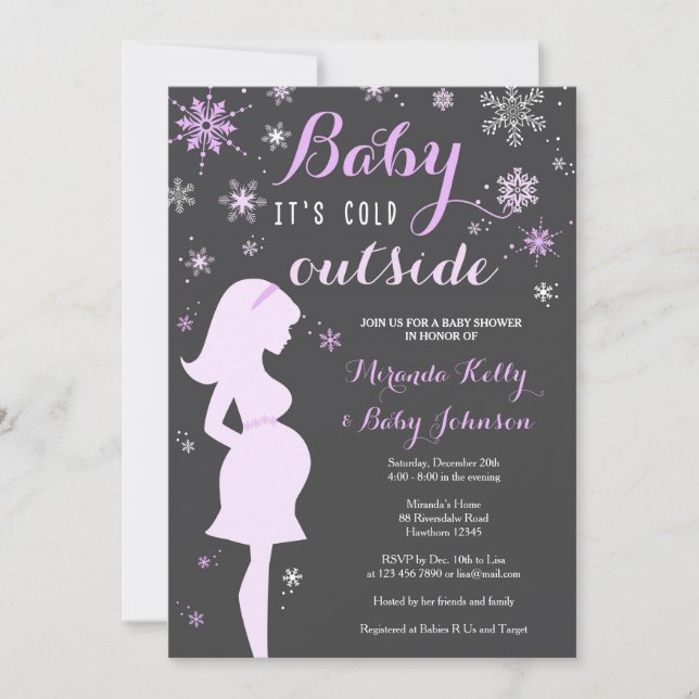 Winter Baby Shower Invitation, Purple Baby Shower Invitation (Front)