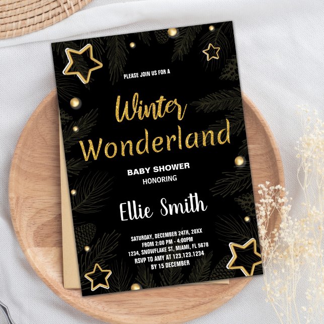 Winter Baby Shower Invitations Golden Star Black (Winter Baby Shower Invitations Golden Star Black)