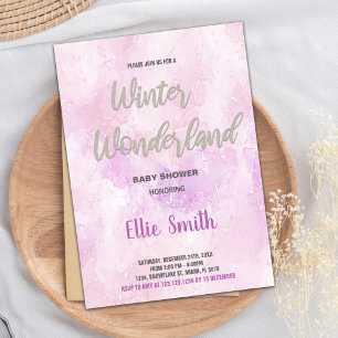 Winter Baby Shower Invitations Pink Glitter Silver